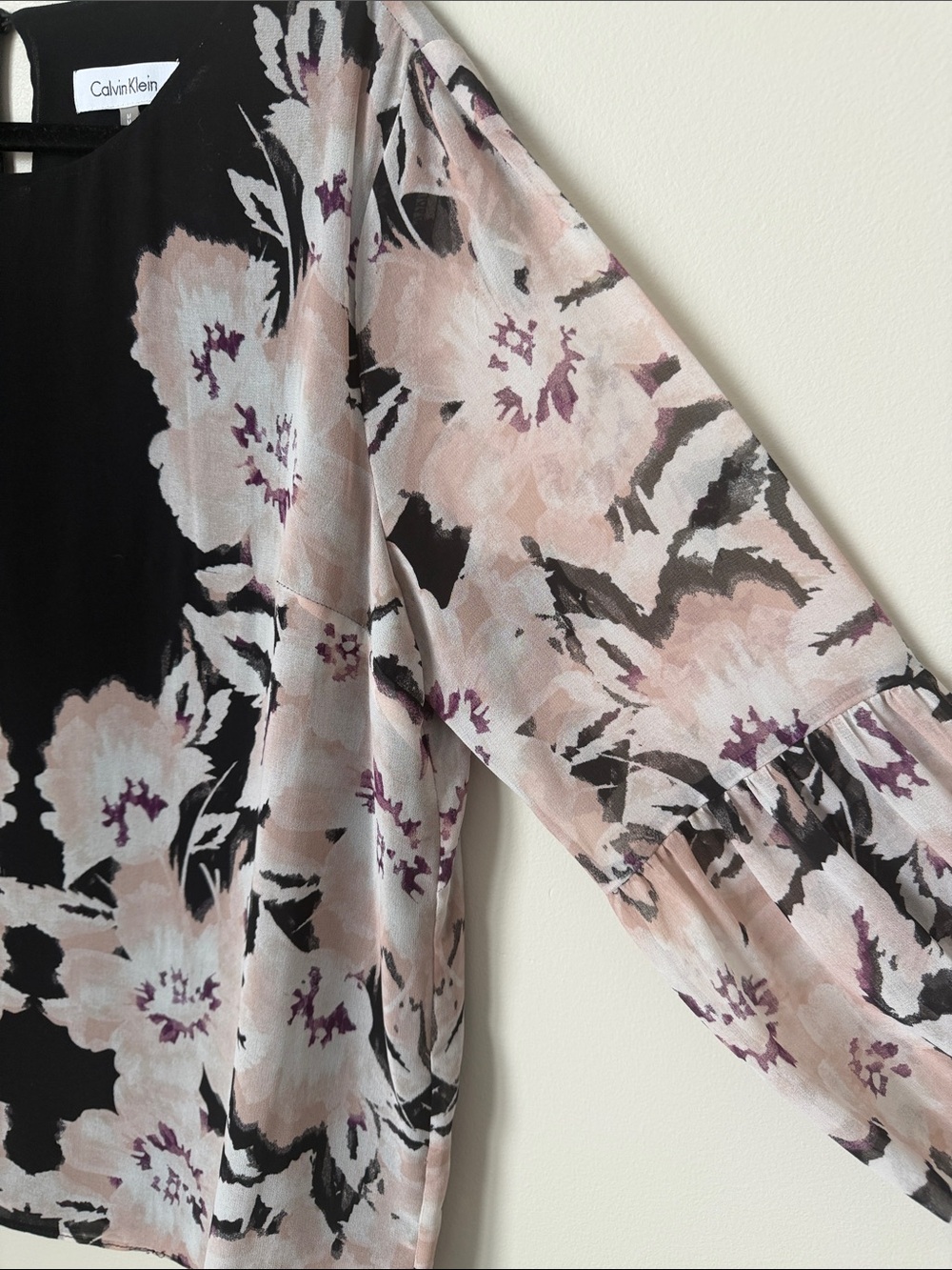 Calvin Klein Black Blouse with Soft Pink and Mauve Floral Print - Picture 11 of 11